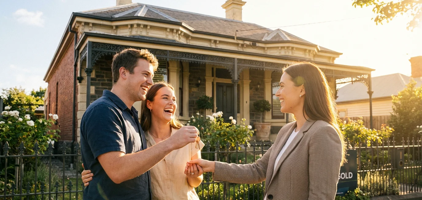 First home buyer in Ballarat receiving house keys from mortgage broker